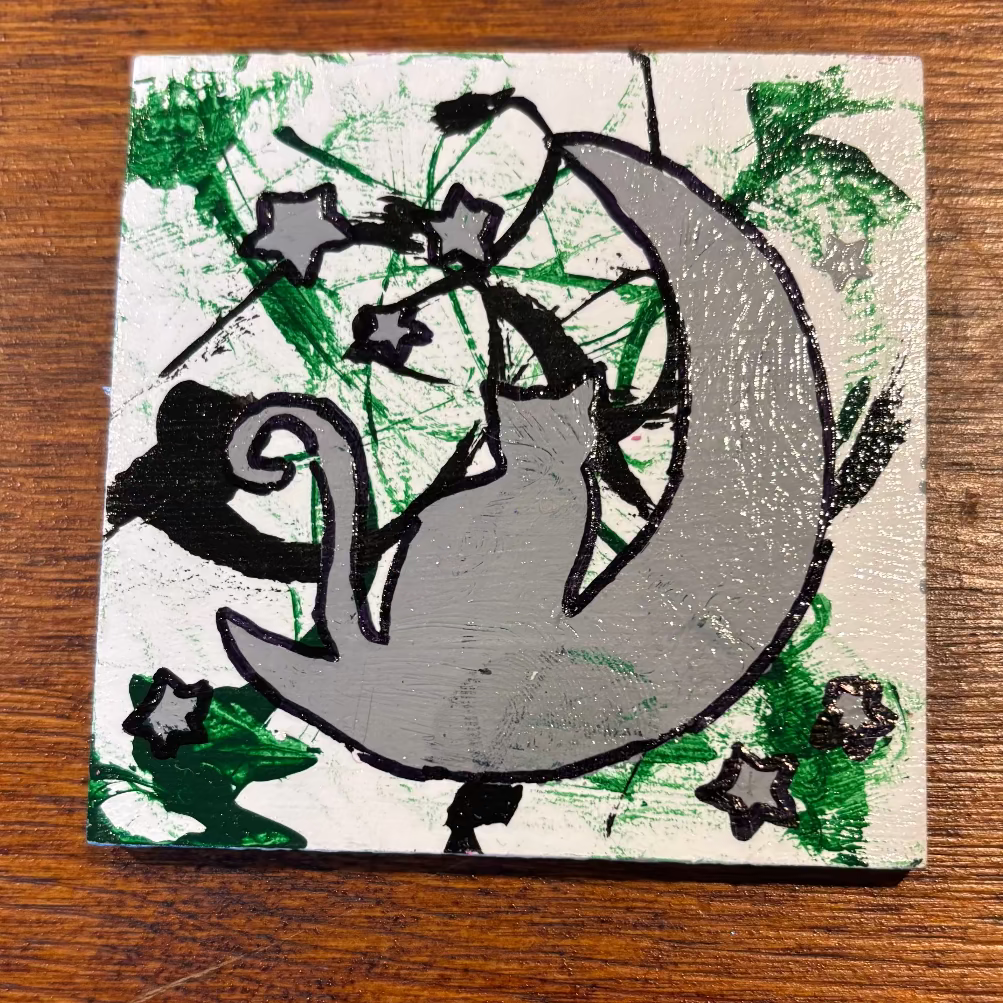 Cat on Moon Painted Wood Art