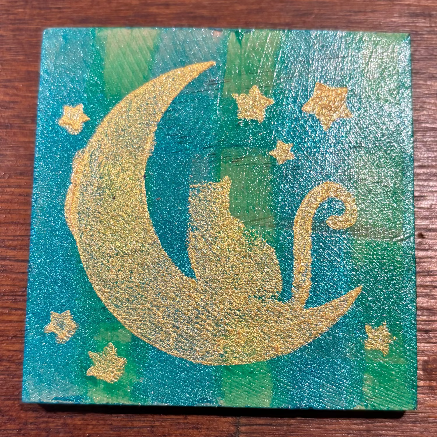 Cat on Moon Painted Wood Art