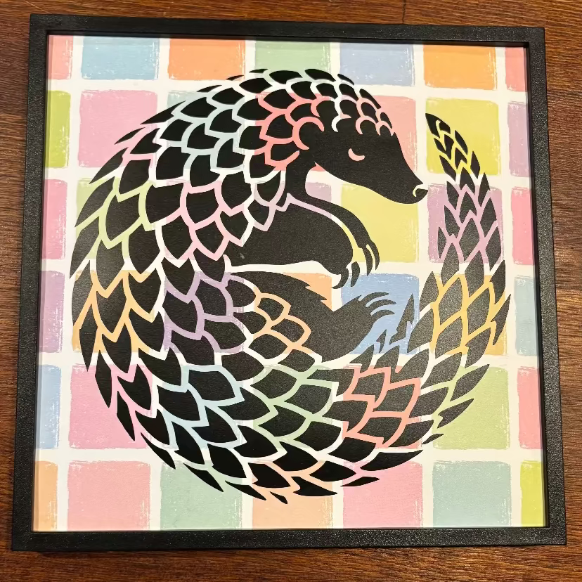 A framed square art print featuring a stylized black pangolin surrounded by pastel multicolor blocks, displayed on a dark wood surface.