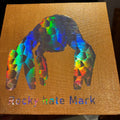 A square gold canvas print featuring a large, colorful geometric handprint in an iridescent holographic finish, with the text 'Rocky hate Mark' printed vertically on the right side.